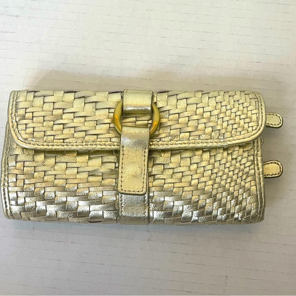 Cole Haan muted gold textured weave travel jewelry case / wrap